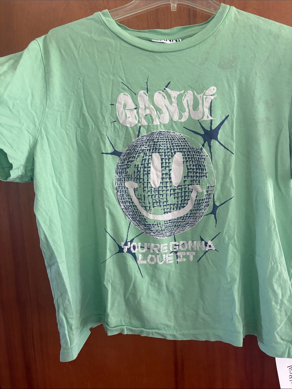 Ganni Mint Green Graphic Tee with Disco Ball Smiley